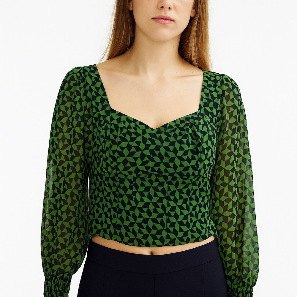 Abercrombie & Fitch Long Sleeve Green Navy Geo Print Smocked Square Neck Blouse